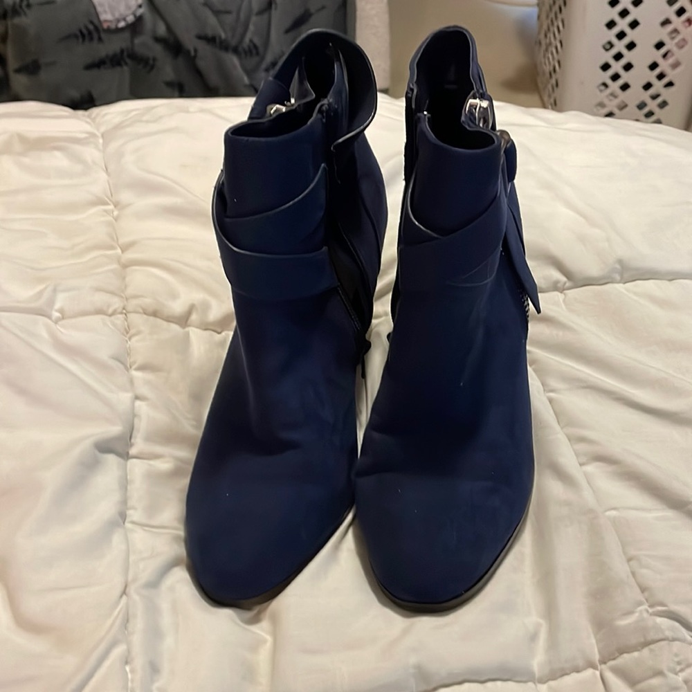 Blue suede heeled boots